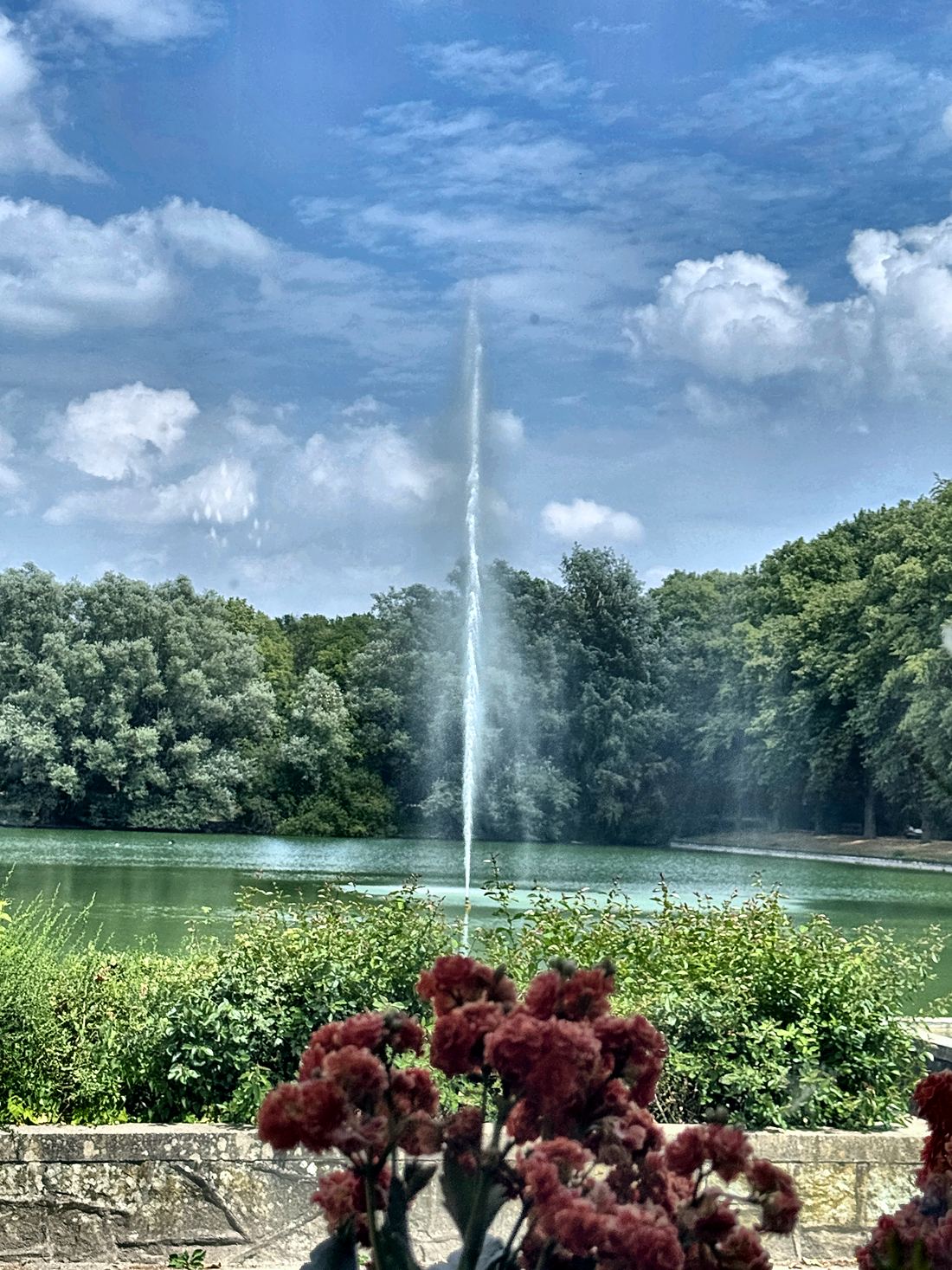 Blick aus dem Fenster auf die Fontäne, davor blühende Blumen auf der Brüstung