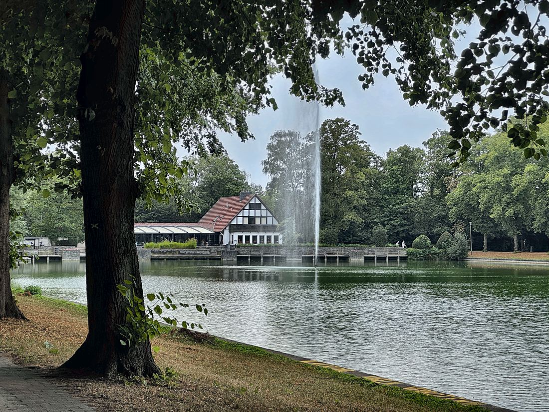 Das Landrestaurant vom gegenüberliegenden Ufer, gerahmt von einer alten Linde